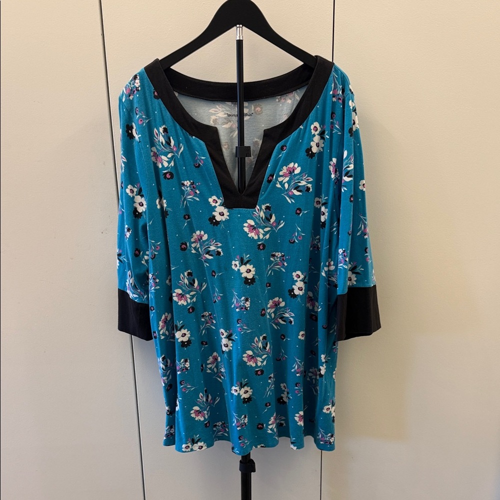 Woman Within Teal and Black Floral 3/4 Sleeve Tunic